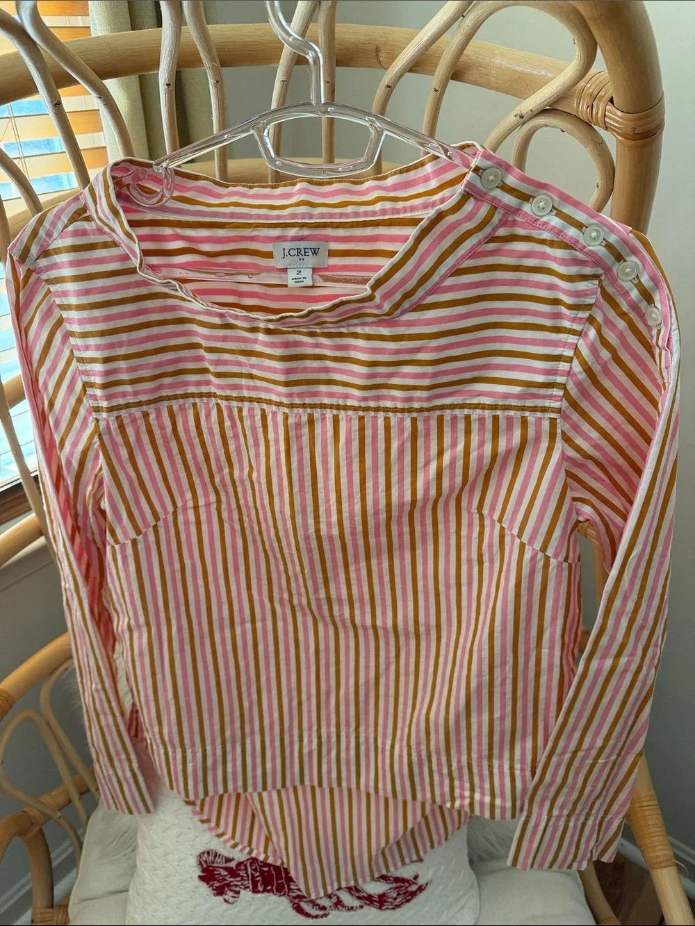 J. Crew Striped Button-Shoulder Long Sleeve Top in Pink, Yellow & White